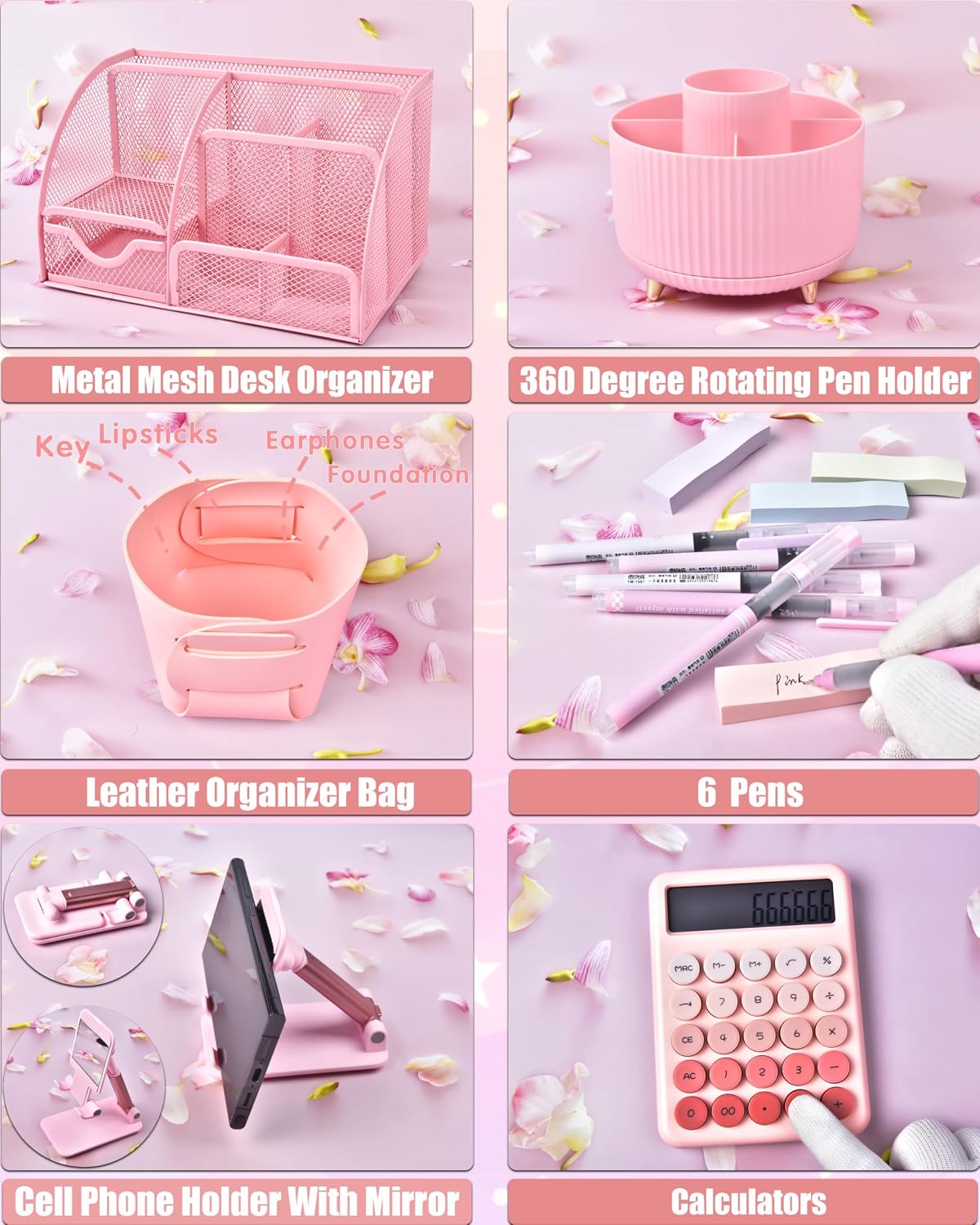 lxevihk pink desk accessories 21-piece office supplies gift, side view
