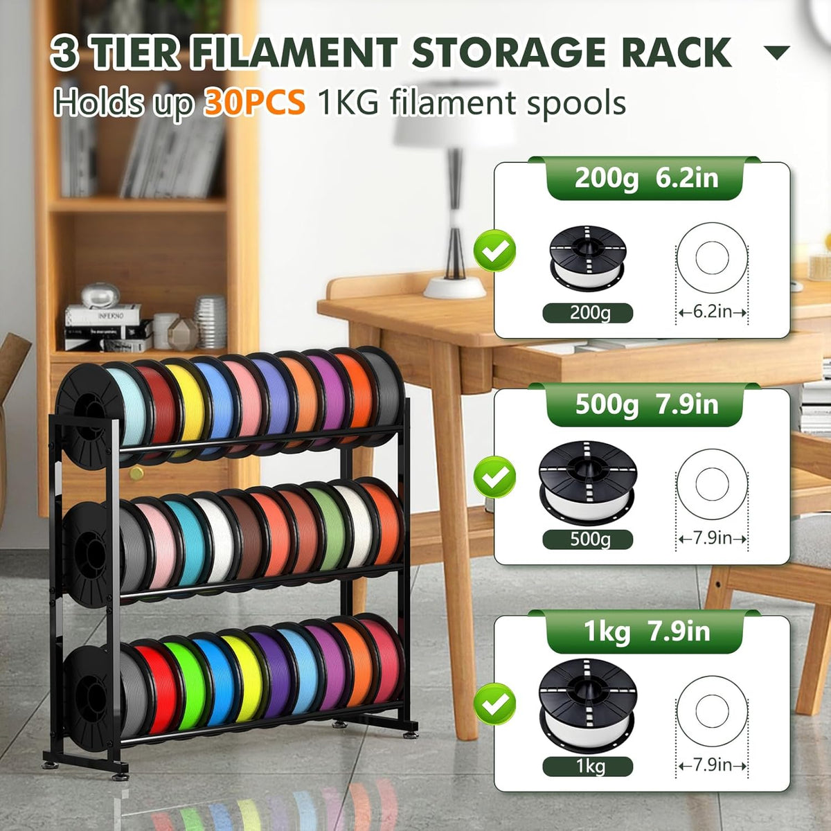 3-Tier 3D Filament Storage Rack - Heavy Duty Metal Spool Shelf for 30 Rolls