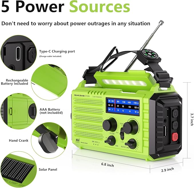 Mesqool Emergency Radio 5 Way Powered, 5000mAh/18500mWh Survival Solar Hand