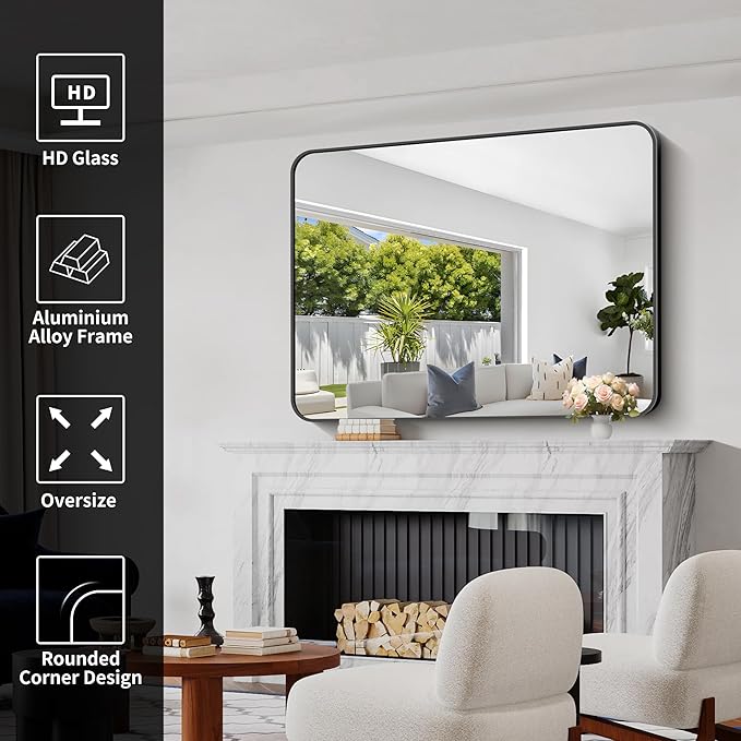 Bathroom Mirror, 48x36 inch Black Rectangle Wall Mirror, Metal Frame Rounded