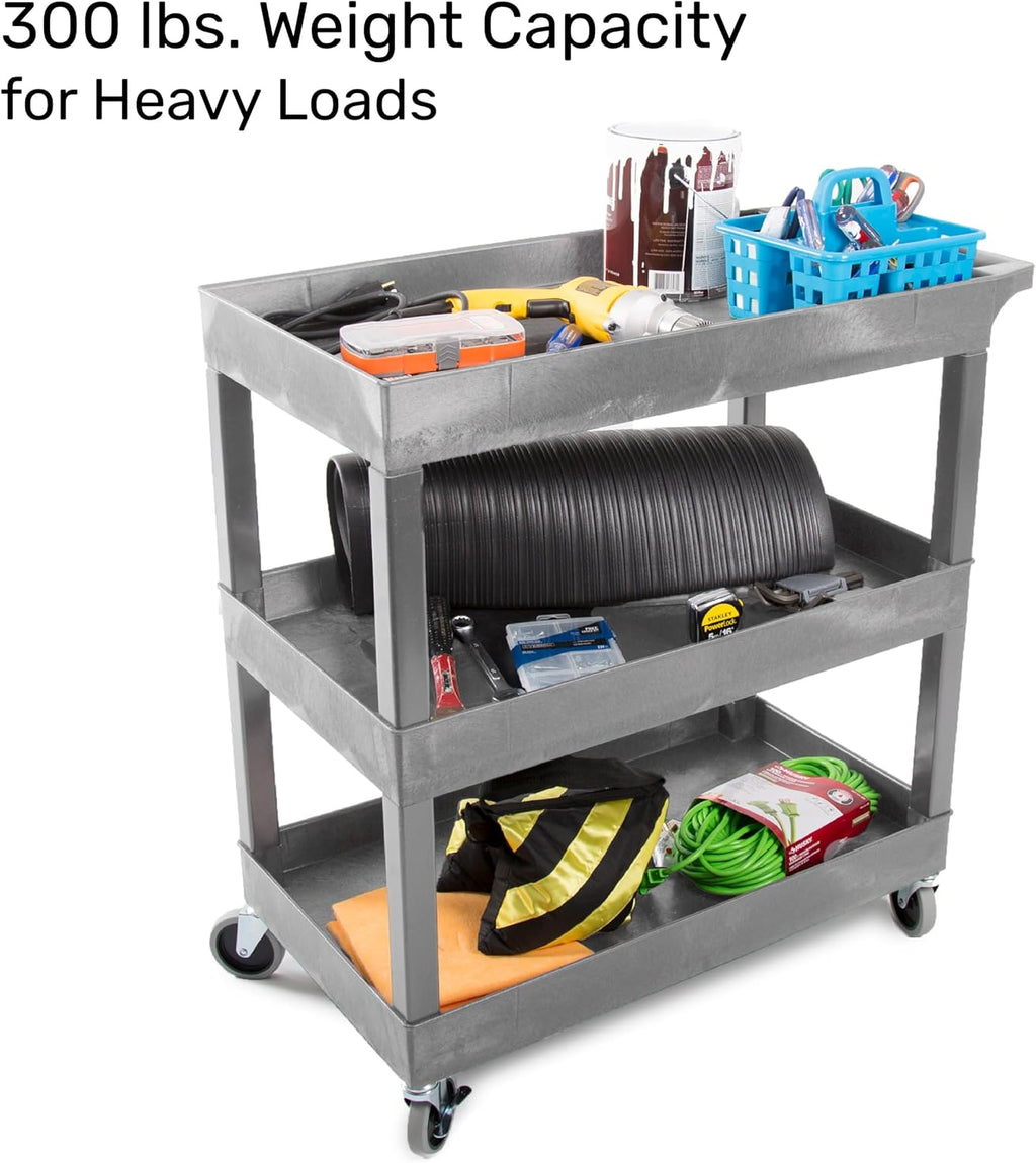 Tubstr 3-Tier Rolling Utility Cart with Wheels | Supports 300 lbs. Total | Heavy-Duty Capacity for Garage Storage, Office Spaces, & Kitchen Use | Durable Tool Cart with Locking Wheels (Gray, 32 x 18)
