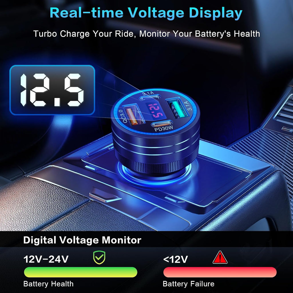 car charger, ancekoy 65w 4-port car charger adapter, close-up detail