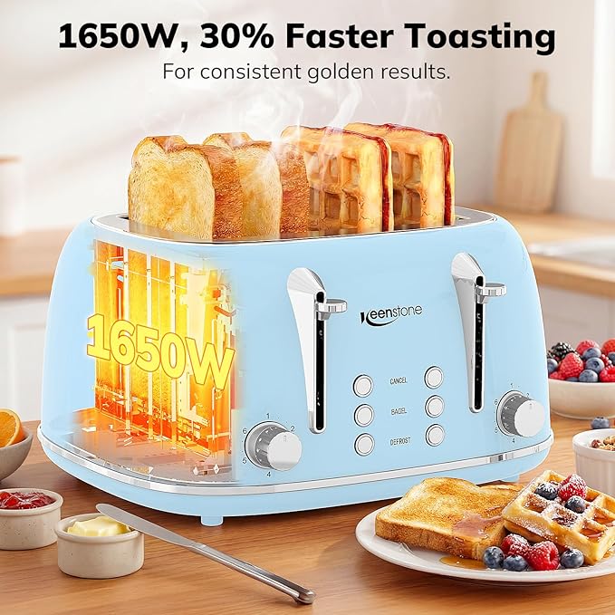 Keenstone Toaster 4 Slice, Retro Stainless Steel Wide Slot Toaster