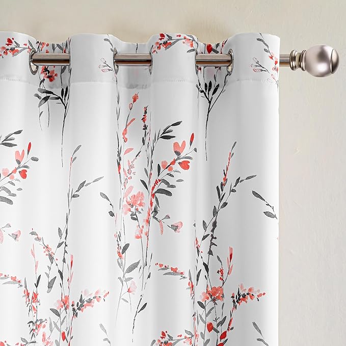 MYSKY HOME Kitchen Curtains 45 inch Length Floral Curtains Thermal Insulated