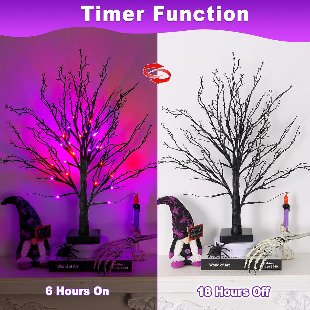 2 Pack 24 Inch Black Halloween Tree with 24 LED Orange Purple Lights, USB Bat...