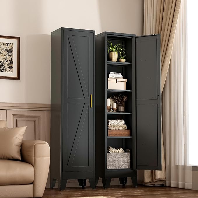 Narrow Metal Cabinet with 4 Adjustable Shelves and Barn Doors, Tall Bathroom