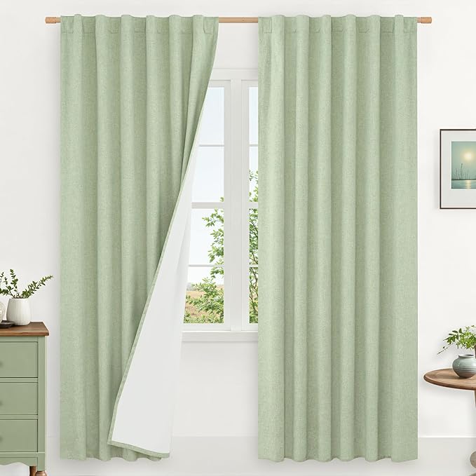 LAMIT 100% Blackout Natural Linen Curtains, 72 Inches Linen Textured Thermal