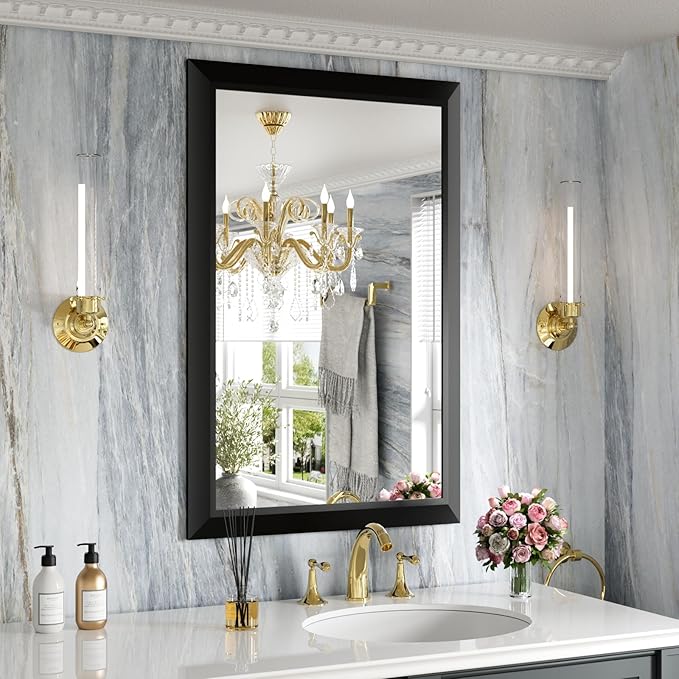 Amorho Black Bathroom Mirror, 24x36 Inch Thick Metal Framed Wall Mirrors