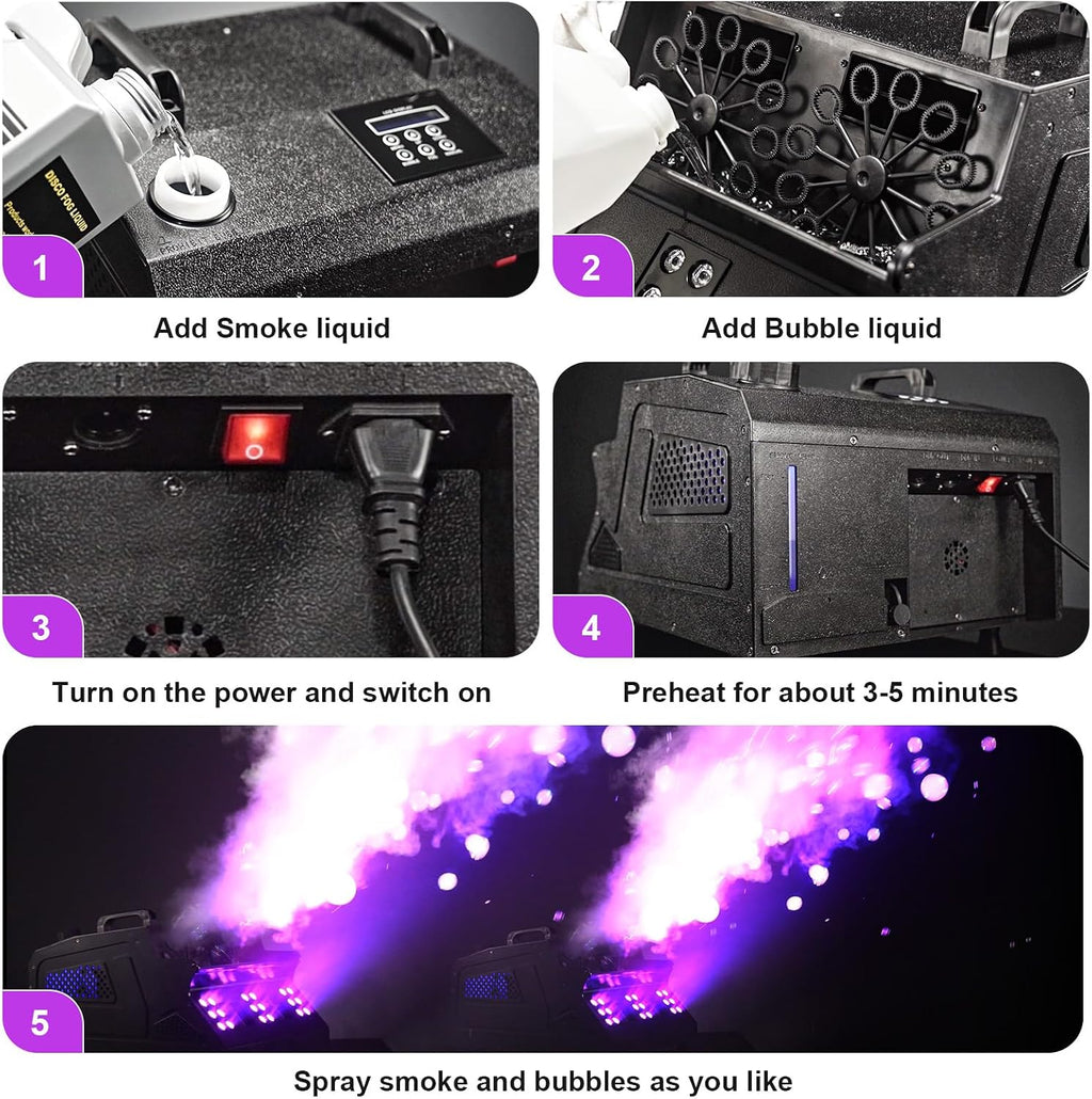2000W Fog Machine, 3 in 1 Fog Bubble Machine with 2 Bubble Fans, 18 RGB LED Lights Smoke Bubble ALL IN ONE Fog Machine, Bubble Machine for Halloween Christmas Party Wedding, 4 Pack