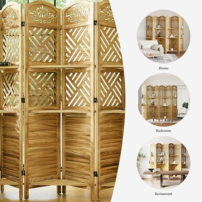 Svimi Room Divider with Shelves, 68.9inch Wood Carved and Louvered Wall Divider