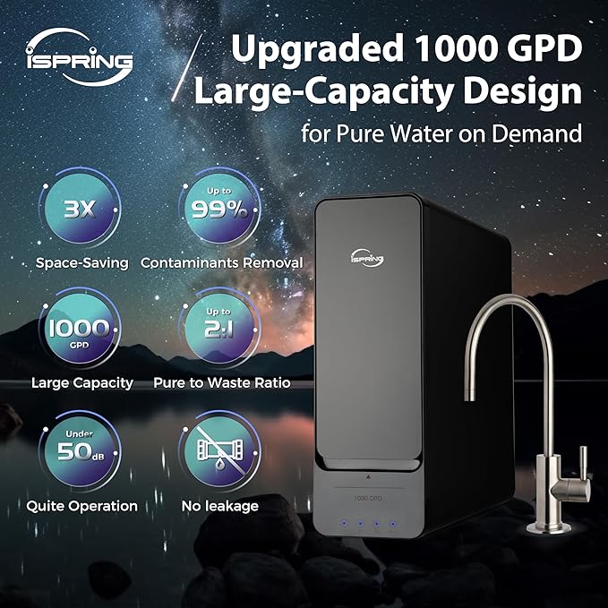 iSpring RO1000-BN Tankless Reverse Osmosis Water Filtration System, 1000 GPD