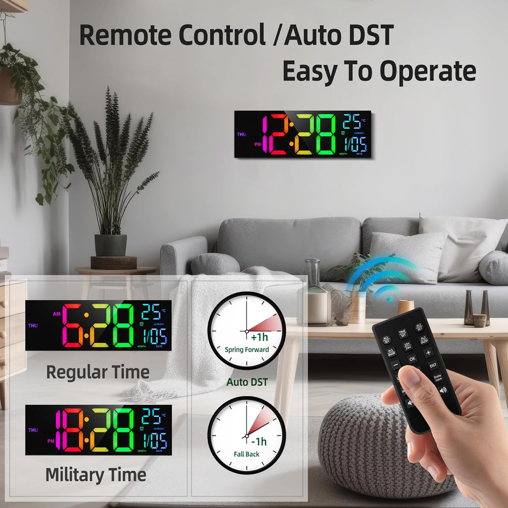 HAITANG 8 Colors Digital Wall Clock, 16.2" Large Digital Clock with Temperature, Date, Auto DST, Night Light, Auto Brightness Dimmer, 24/12-hour Wall Clock for Living Room Office Classroom Gym