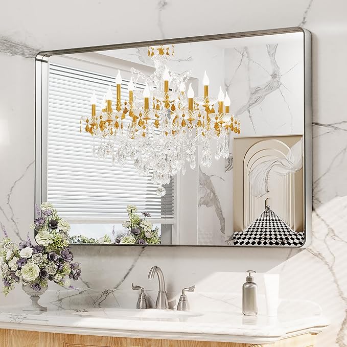 LOAAO 48X32 Inch Brushed Nickel Bathroom Mirror, Rounded Rectangle Silver Metal