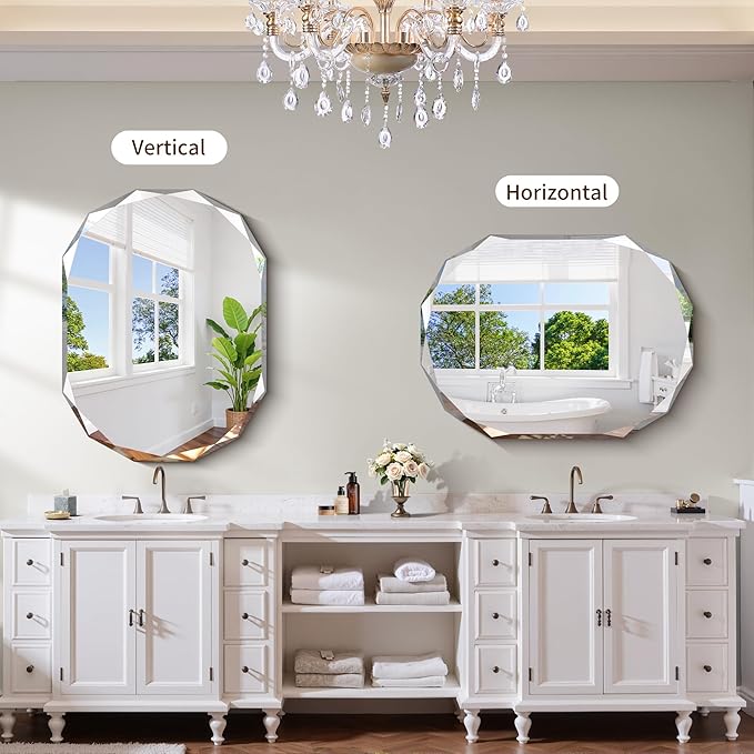 GLASHOM Frameless Bathroom Mirror, 30x40 inch Frameless Wall Mirrors Beveled