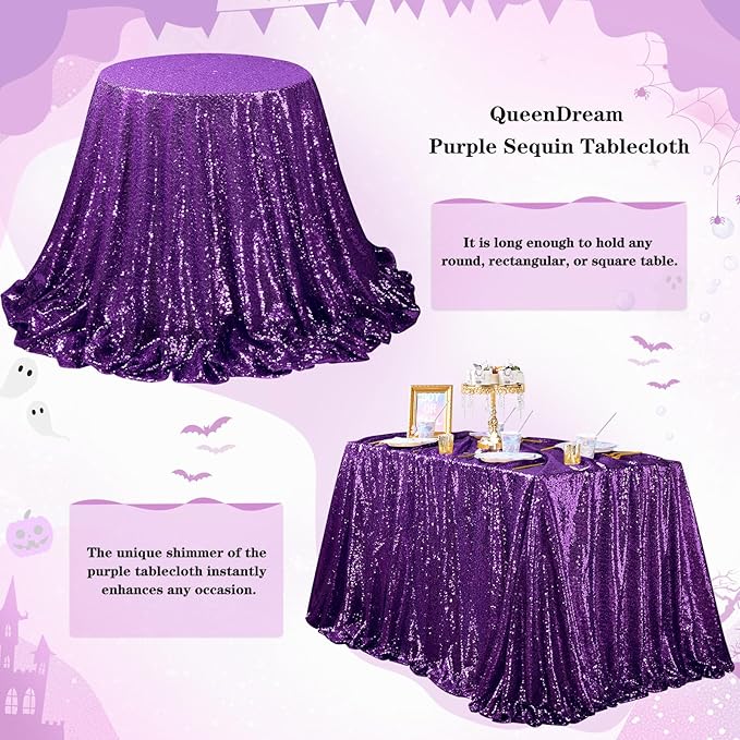 QueenDream Purple Tablecloth Sequin Fabric Table Cloths 90x90 Inch Halloween Party Decorations Purple Overlay Drapes Birthday Party Xmas Decorations