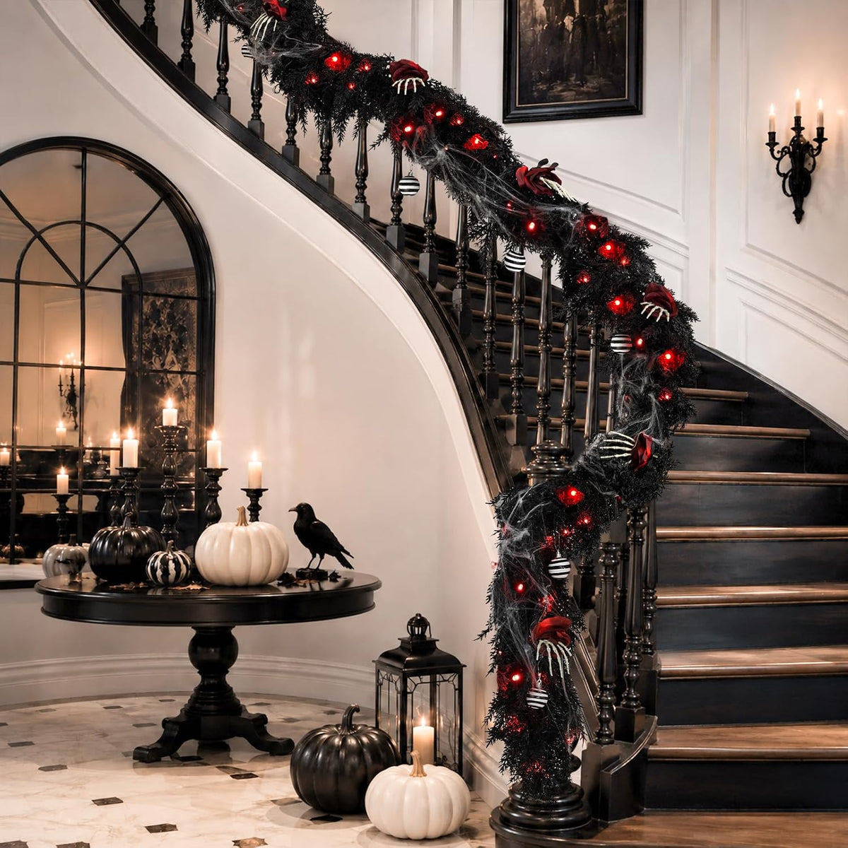 9FT Black Garland with Lights and Ornaments Prelit Halloween Decoration