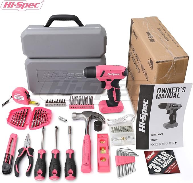 Hi-Spec 58pc Pink 8V USB Electric Power Cordless Drill Driver and Womens Ladies
