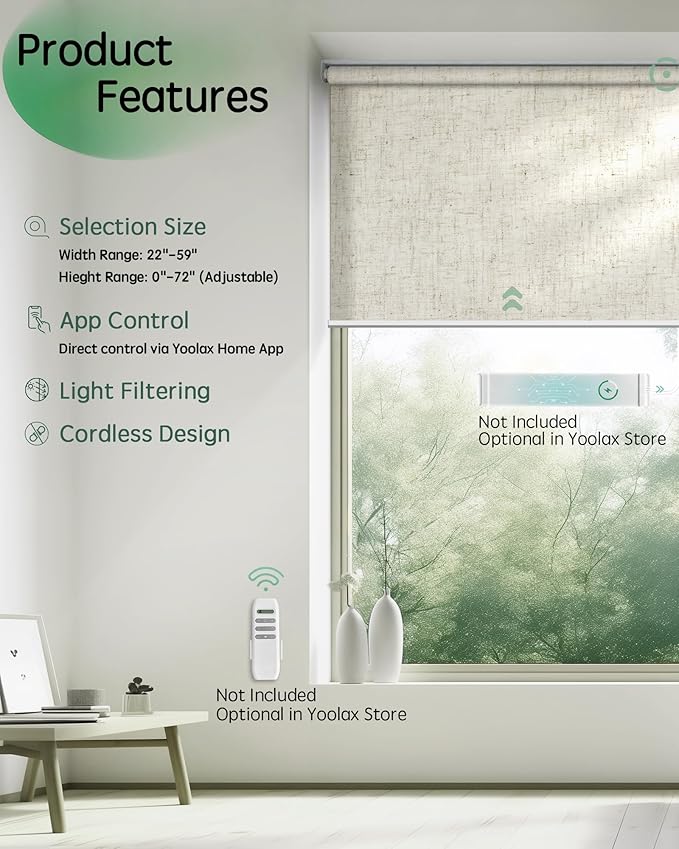 Yoolax Motorized Blinds App Control, Light Filtering Motorized Shades