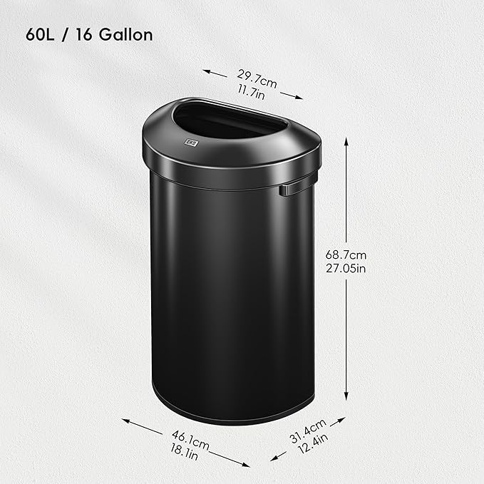 EKO Urban 16 Gallon Semi-Round Open Top Waste Bin, Stainless Steel Half Round