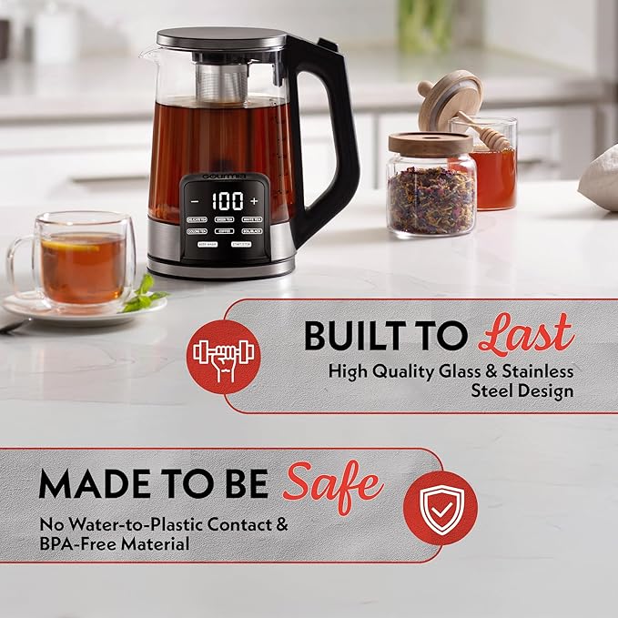 Gourmia Electric Programmable Glass Kettle – 1.7L Temperature Control Tea &