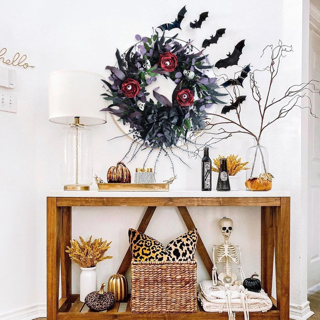22 Inch Halloween Wreath with Black Roses Skeleton and Eye Balls for Front Door, Gothic Halloween Floral Wreath with Black Bow for Indoor Outdoor