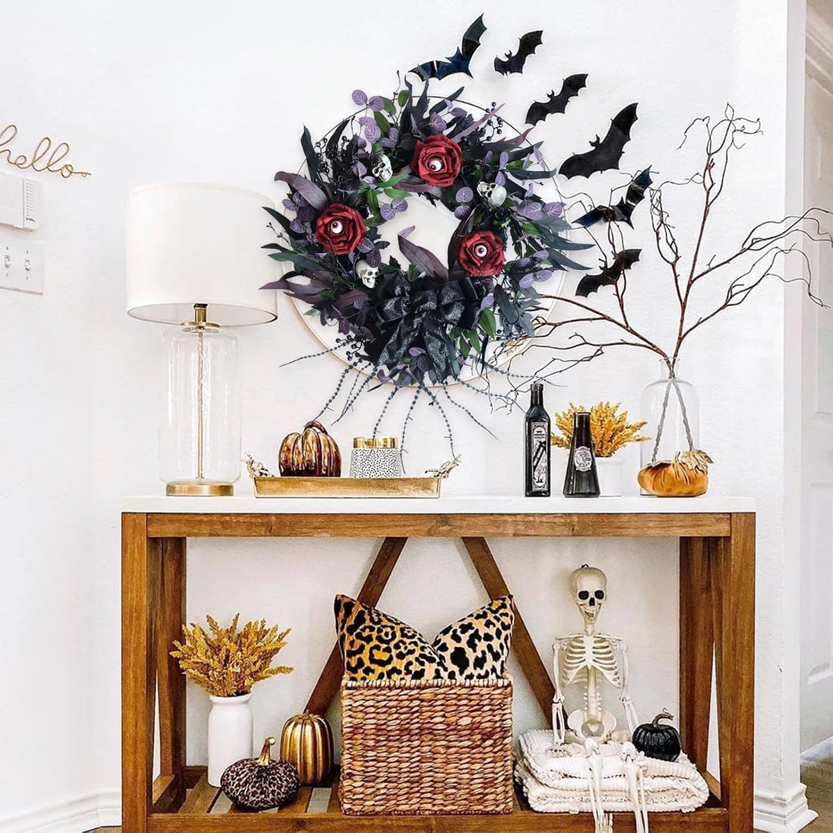 22 Inch Halloween Wreath with Black Roses Skeleton and Eye Balls for Front Door, Gothic Halloween Floral Wreath with Black Bow for Indoor Outdoor