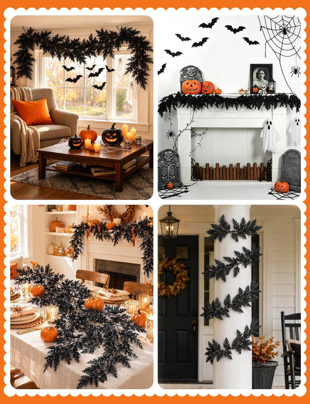 2 PCS 5.91 FT Black Halloween Cedar Pine Garland, Realistic Spooky