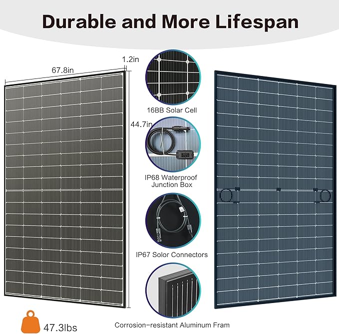 JJN Bifacial 400 Watt Solar Panel, N-Type 16BB 400W Solar Panels, 25% High