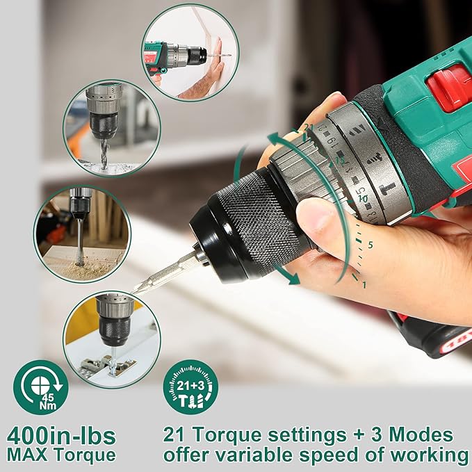 Cordless Hammer Drill Driver 18V, HYCHIKA 400 In-lbs Torque Power Drill