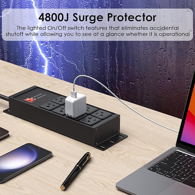 JUNNUJ Heavy Duty 20 Amp Surge Protector 4800J, Garage Metal 8 Outlets 12 Gauge