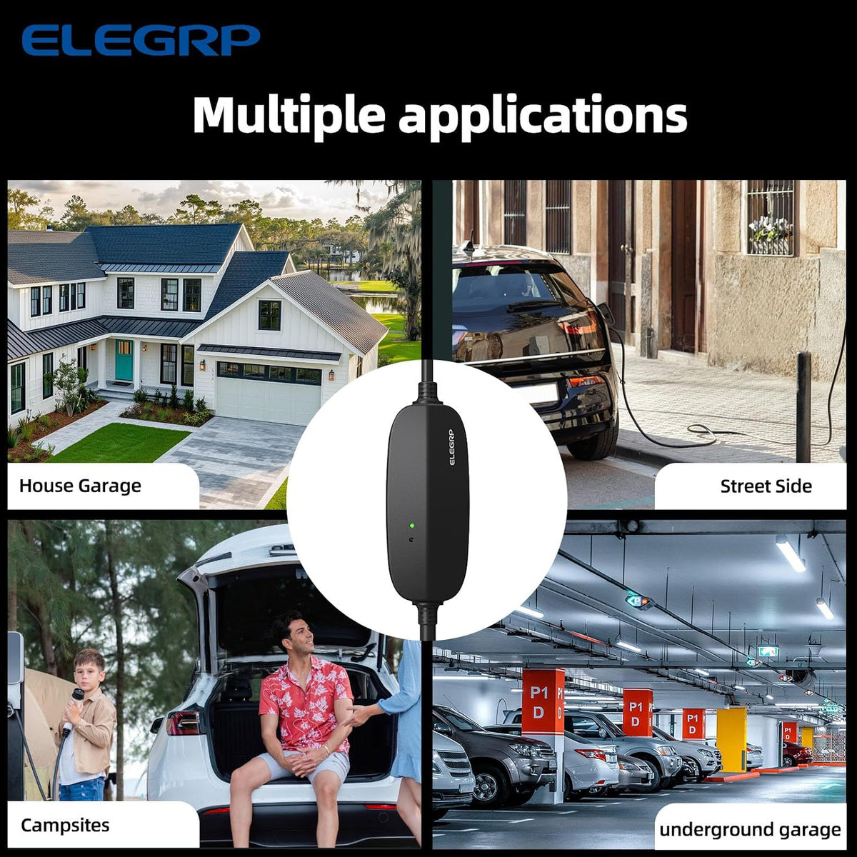 ELEGRP Level 1/2 EV Charger, 16 Amp, Portable J1772 Charger, 25FT Cable, NEMA 6-20 & 5-15 Adapter, Electric Car Charger 110V-240V for BEVs PHEVs, PBE & LRC Technology