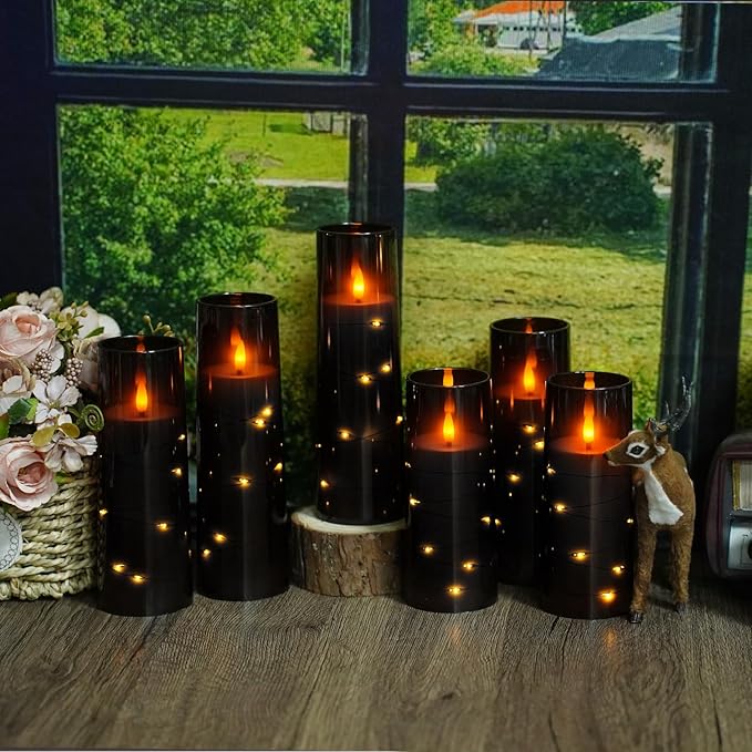 Flameless Candles with Embedded Star String, Battery Operated LED Pillar (Set of 7)