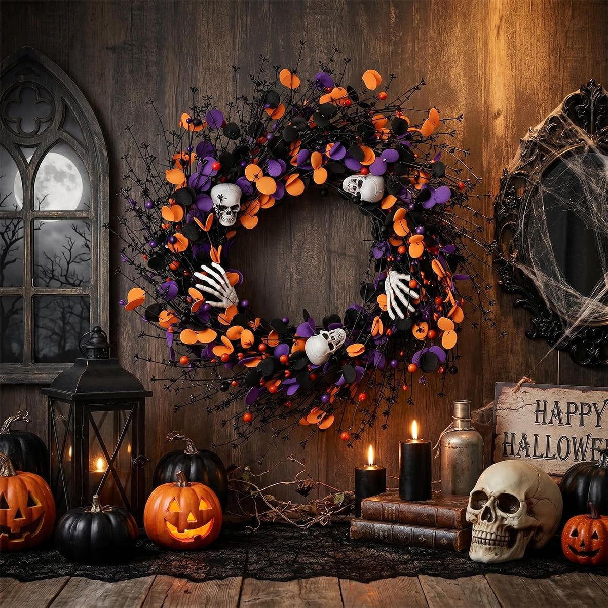 zjlmit Halloween Wreath 24 Inch Halloweeen Wreaths for Front Door Handmade Skull Wreaths with White Skeleton Hand Black Eucalyptus Leaves Orange Berries for Window Porch Indoor Party Holiday Wall Home