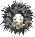 24" Halloween Wreath with 2 Skulls, 3 Pumpkins and Withered Roses