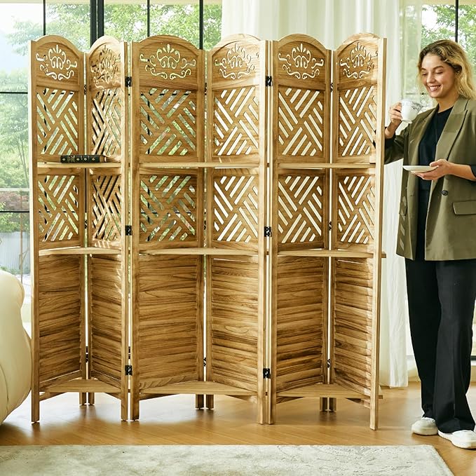 Svimi Room Divider with Shelves, 68.9inch Wood Carved and Louvered Wall Divider