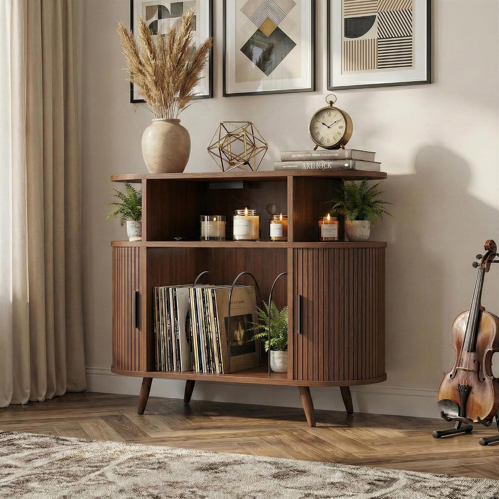 35" Record Player Stand with Storage, Media Stereo Shelf Charging, Walnut