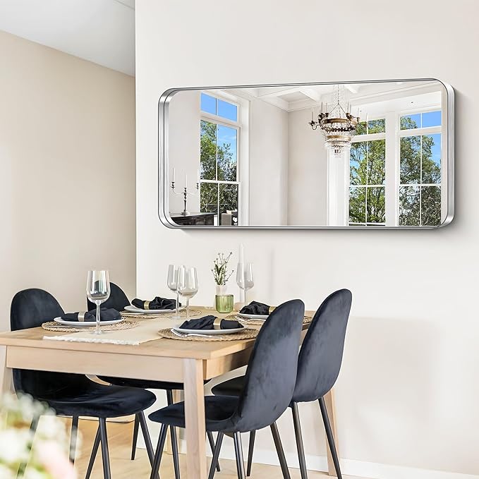 CIRCUMI Silver Bathroom Mirror, Rounded Corner, Tempered Glass, Large Mirror