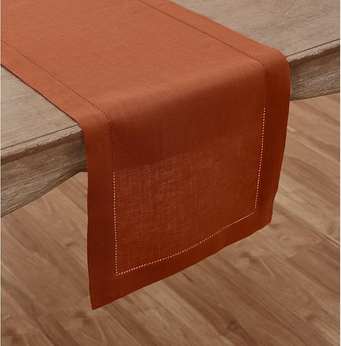 Solino Home Linen Cinnamon Table Runner 156 Inches Long - 100% Pure Linen Extra Long Table Runner 14 x 156 Inch - Classic Hemstitch - Fall, Autumn, Halloween, Thanksgiving