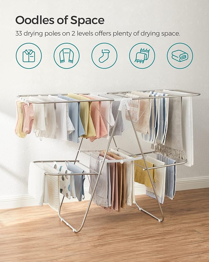 SONGMICS Clothes Drying Rack, Foldable 2-Level Laundry Drying Rack,