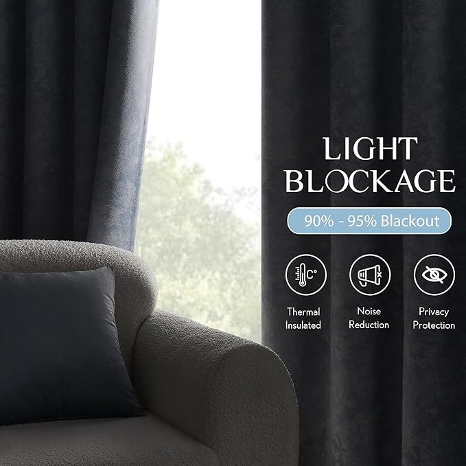 Beauoop Blue Floral Jacquard Blackout Curtains 96 Inches Long 2 Panels