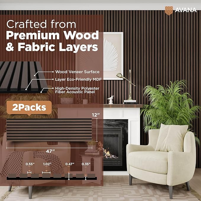 Avana Acoustic Wood Wall Panels – 47.2 x 12.6 Inch Dark Walnut Oak Acoustic (2 PCs)