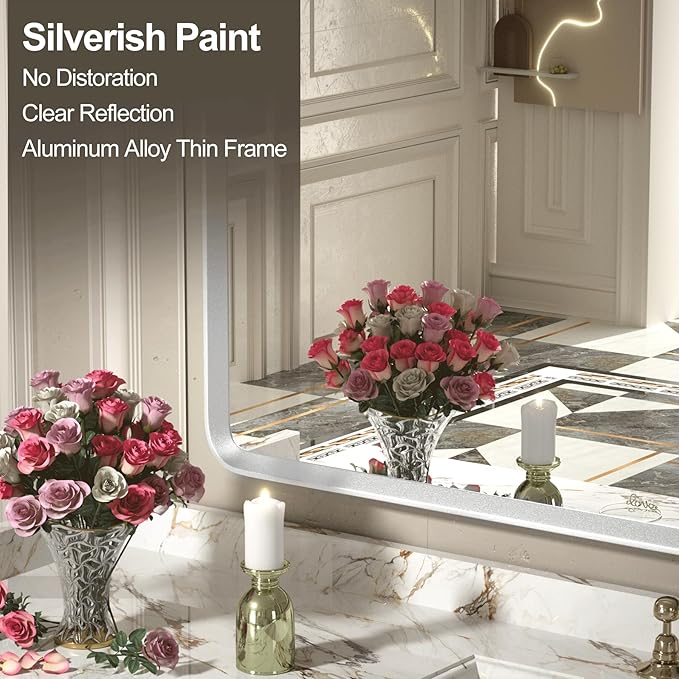 66x40 Inch Silver Framed Mirror, Brushed Nickel, Rounded Rectangle Mirror