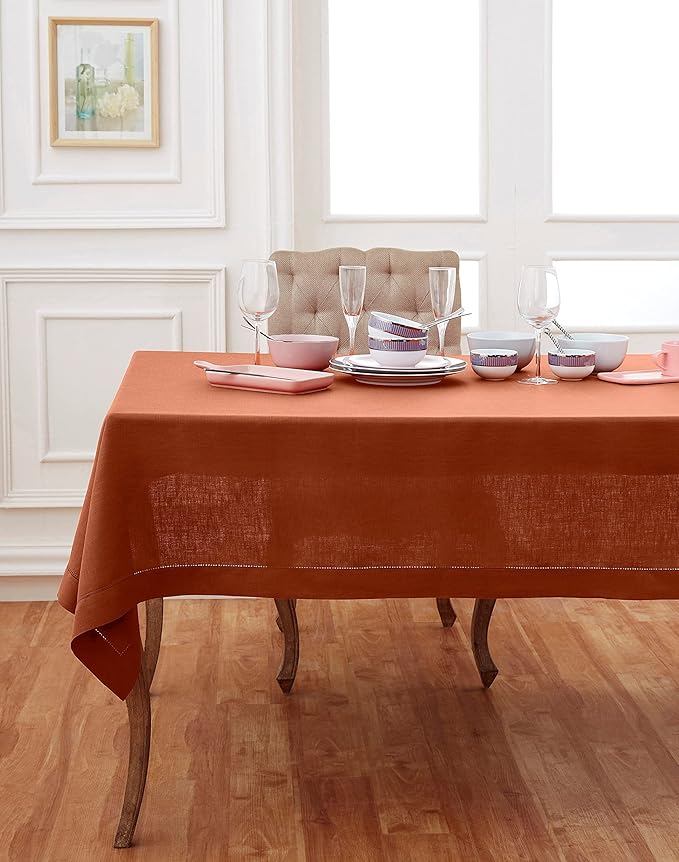 Solino Home Linen Cinnamon Tablecloth 52 x 52 Inch - 100% Pure Linen Square Table Throw - Classic Hemstitch, Machine Washable Table Cloth for Fall, Autumn, Halloween, Thanksgiving