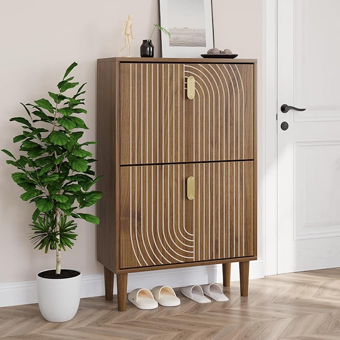 Smuxee Shoe Cabinet with 2 Flip Drawers, 23.6" Walnut Hidden Shoe Storage