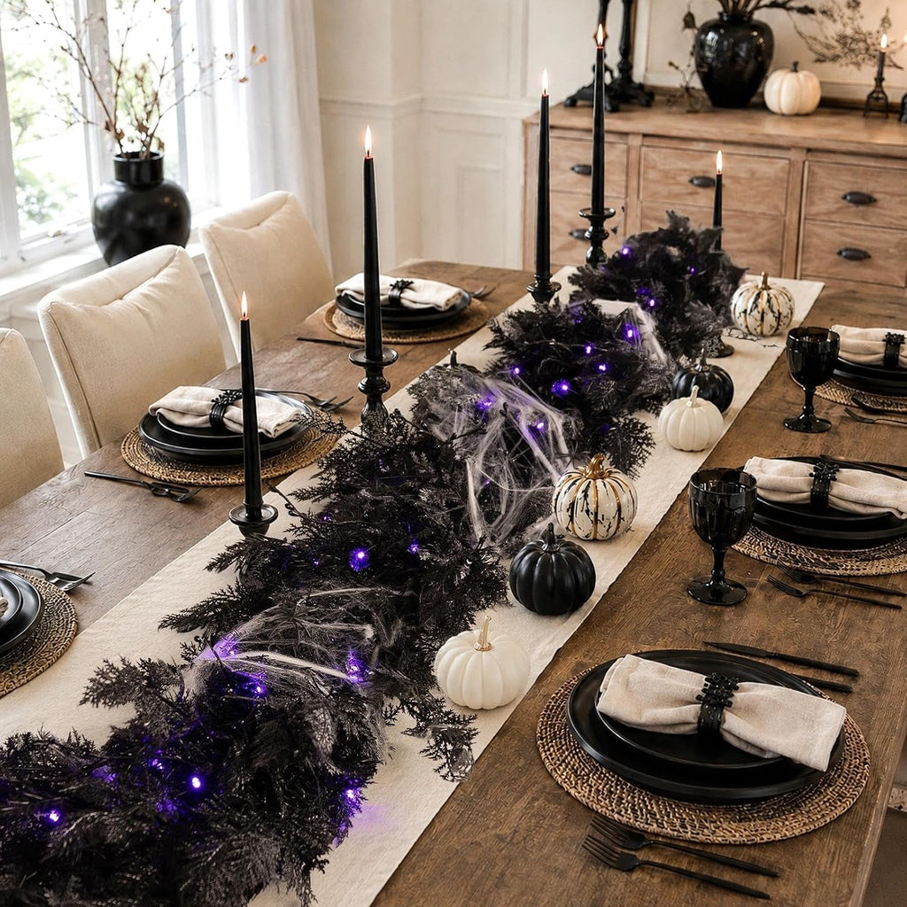 Pre-lit Halloween Garland Decorations Black Real Touch Cedar Cypress with Berry & Spider & Spiderweb Halloween Garland for Mantle, Fireplace, Table, Stairs, Door, Indoor Outdoor Decor, 9FT