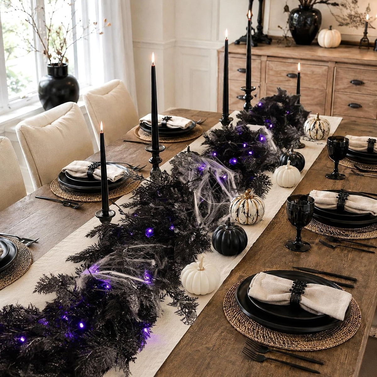 Pre-lit Halloween Garland Decorations Black Real Touch Cedar Cypress with Berry & Spider & Spiderweb Halloween Garland for Mantle, Fireplace, Table, Stairs, Door, Indoor Outdoor Decor, 9FT