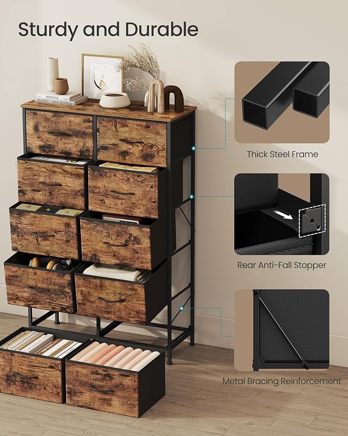SONGMICS Dresser for Bedroom, Chest of Drawers, 10 Non-Woven Fabric Drawers