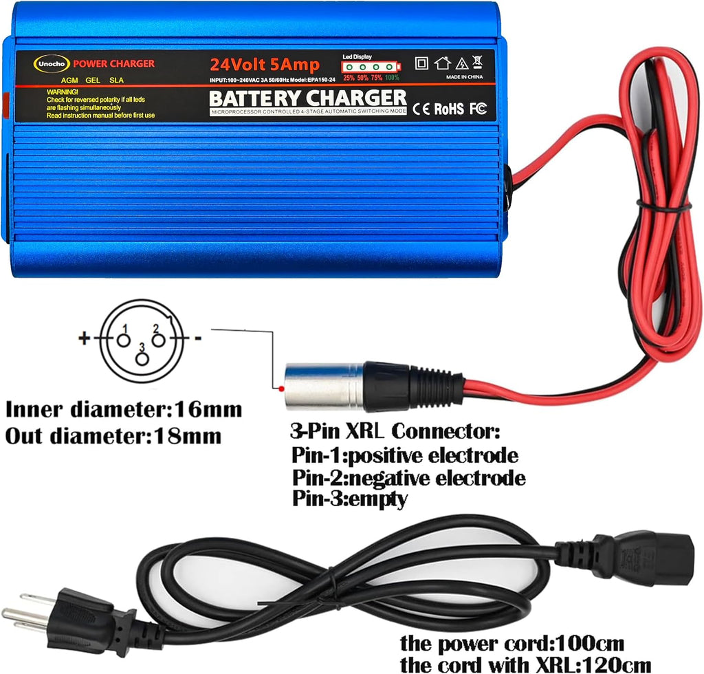 Unocho 24V 5A Battery Charger 4-Stage Smart Lead-Acid Charger with 3-Pin XLR Connector Power Switch and LED Display for Wheelchairs Mobility Scooters AGM Gel SLA VRLA