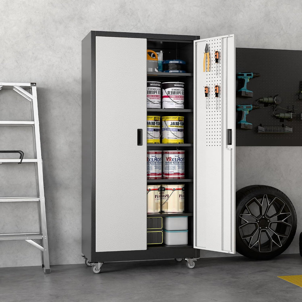 Reemoon Metal Garage Storage Cabinet with Wheels, Black and Silver