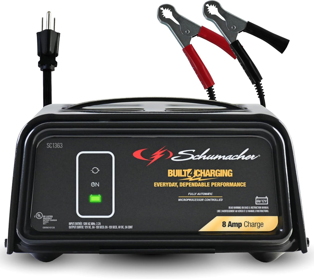 schumacher electric 8a car battery charger & maintainer shown in use
